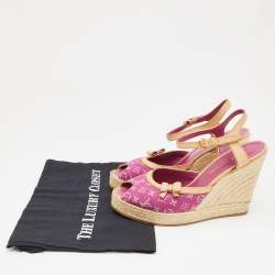 Louis Vuitton Pink Monogram Canvas And Leather Trim Espadrilles Wedge Platform Ankle Strap Sandals Size 40