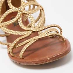 Pre Owned Louis Vuitton Gold Braided Leather Strappy Flat Sandals Size 37
