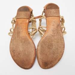 Pre Owned Louis Vuitton Gold Braided Leather Strappy Flat Sandals Size 37