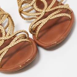 Pre Owned Louis Vuitton Gold Braided Leather Strappy Flat Sandals Size 37