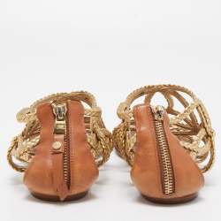 Pre Owned Louis Vuitton Gold Braided Leather Strappy Flat Sandals Size 37