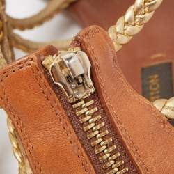 Pre Owned Louis Vuitton Gold Braided Leather Strappy Flat Sandals Size 37