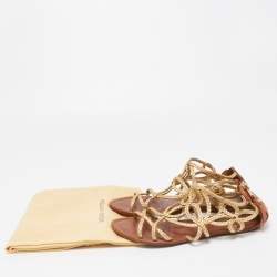 Pre Owned Louis Vuitton Gold Braided Leather Strappy Flat Sandals Size 37