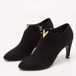 Pre Owned Louis Vuitton Black Suede V Logo Ankle Booties Size 37