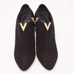 Pre Owned Louis Vuitton Black Suede V Logo Ankle Booties Size 37
