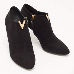 Pre Owned Louis Vuitton Black Suede V Logo Ankle Booties Size 37