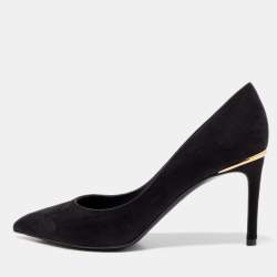 Louis Vuitton Monogram Plain Toe Leather Block Heels Elegant Style Logo, Black, 38.5
