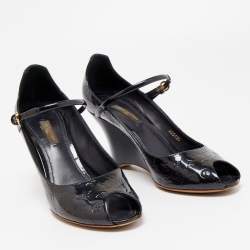 Pre Owned Louis Vuitton Navy Blue Monogram Patent Leather Peep Toe Wedge Pumps Size 37