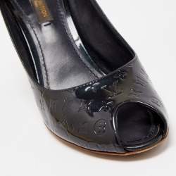 Pre Owned Louis Vuitton Navy Blue Monogram Patent Leather Peep Toe Wedge Pumps Size 37