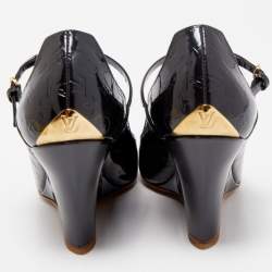 Pre Owned Louis Vuitton Navy Blue Monogram Patent Leather Peep Toe Wedge Pumps Size 37