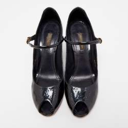 Pre Owned Louis Vuitton Navy Blue Monogram Patent Leather Peep Toe Wedge Pumps Size 37