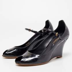 Pre Owned Louis Vuitton Navy Blue Monogram Patent Leather Peep Toe Wedge Pumps Size 37