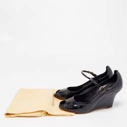 Pre Owned Louis Vuitton Navy Blue Monogram Patent Leather Peep Toe Wedge Pumps Size 37