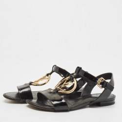 مملوكة مسبقًا Louis Vuitton Black Patent Leather Logo Ankle Strap Flat Sandals Size 36