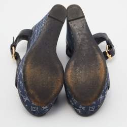 Louis Vuitton Navy Blue Leather and Monogram Denim Waterfall Sandals Size 38.5