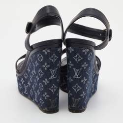 Louis Vuitton Navy Blue Leather and Monogram Denim Waterfall Sandals Size 38.5