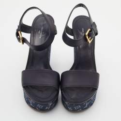Louis Vuitton Navy Blue Leather and Monogram Denim Waterfall Sandals Size 38.5