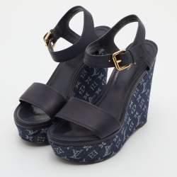 Louis Vuitton Navy Blue Leather and Monogram Denim Waterfall Sandals Size 38.5