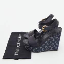 Louis Vuitton Navy Blue Leather and Monogram Denim Waterfall Sandals Size 38.5
