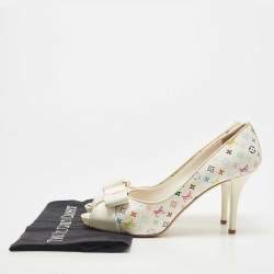 Pre Owned Louis Vuitton White Monogram Canvas and Patent Leather Bow Peep Toe Pumps Size 38.5