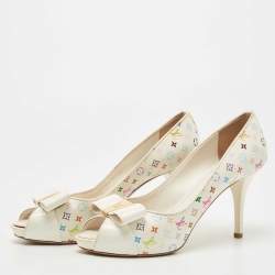 Pre Owned Louis Vuitton White Monogram Canvas and Patent Leather Bow Peep Toe Pumps Size 38.5
