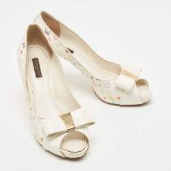 Pre Owned Louis Vuitton White Monogram Canvas and Patent Leather Bow Peep Toe Pumps Size 38.5