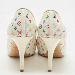 Pre Owned Louis Vuitton White Monogram Canvas and Patent Leather Bow Peep Toe Pumps Size 38.5