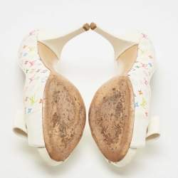 Pre Owned Louis Vuitton White Monogram Canvas and Patent Leather Bow Peep Toe Pumps Size 38.5