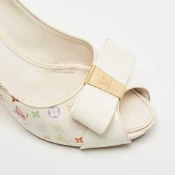 Pre Owned Louis Vuitton White Monogram Canvas and Patent Leather Bow Peep Toe Pumps Size 38.5