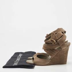 Pre Owned Louis Vuitton Grey Suede Wedge Ankle Wrap Sandals Size 37