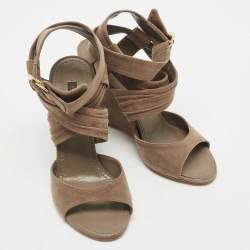 Pre Owned Louis Vuitton Grey Suede Wedge Ankle Wrap Sandals Size 37