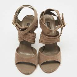 Pre Owned Louis Vuitton Grey Suede Wedge Ankle Wrap Sandals Size 37