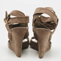 Pre Owned Louis Vuitton Grey Suede Wedge Ankle Wrap Sandals Size 37