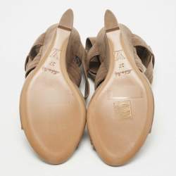 Pre Owned Louis Vuitton Grey Suede Wedge Ankle Wrap Sandals Size 37