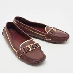 Pre Owned Louis Vuitton Burgundy/Gold Leather Oxford Loafers Size 41