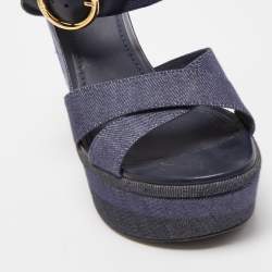 Pre Owned Louis Vuitton Navy Blue Denim Wedge Platform Ankle Strap Sandals Size 41