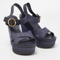 Pre Owned Louis Vuitton Navy Blue Denim Wedge Platform Ankle Strap Sandals Size 41