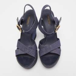 Pre Owned Louis Vuitton Navy Blue Denim Wedge Platform Ankle Strap Sandals Size 41