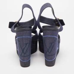 Pre Owned Louis Vuitton Navy Blue Denim Wedge Platform Ankle Strap Sandals Size 41