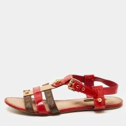 Louis Vuitton Red Leather And Multicolor Fabric Wedge Criss Cross Platform  Slingback Sandals Size 37 Louis Vuitton