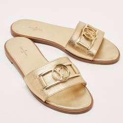 Louis Vuitton Gold Foil Leather Flat Slides Size 38.5