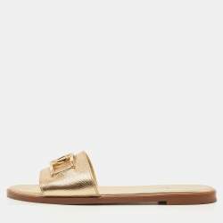Louis Vuitton Gold Foil Leather Flat Slides Size 38.5