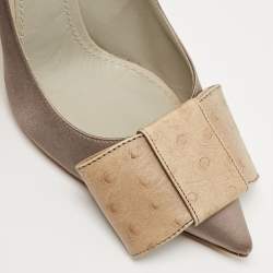 Pre Owned Louis Vuitton Grey/Beige Satin and Embossed Ostrich Beauty Bow Pumps Size 38.5