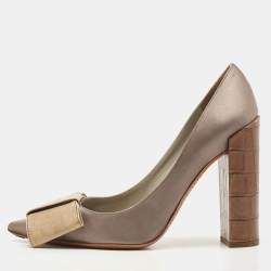 Pre Owned Louis Vuitton Grey/Beige Satin and Embossed Ostrich Beauty Bow Pumps Size 38.5
