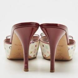 Louis Vuitton White/Burgundy Monogram Canvas and Patent Leather Bow Slide Sandals Size 40