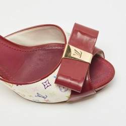 Louis Vuitton White/Burgundy Monogram Canvas and Patent Leather Bow Slide Sandals Size 40