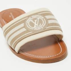 Louis Vuitton Beige Canvas Logo Flat Slides Size 38