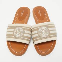 Louis Vuitton Beige Canvas Logo Flat Slides Size 38