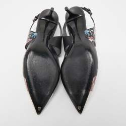 Pre Owned Louis Vuitton Black Leather Printed Flower Metal Cap Toe Slingback Pumps Size 41