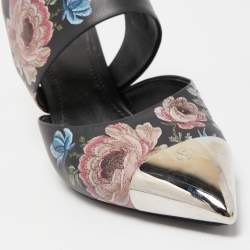 Pre Owned Louis Vuitton Black Leather Printed Flower Metal Cap Toe Slingback Pumps Size 41